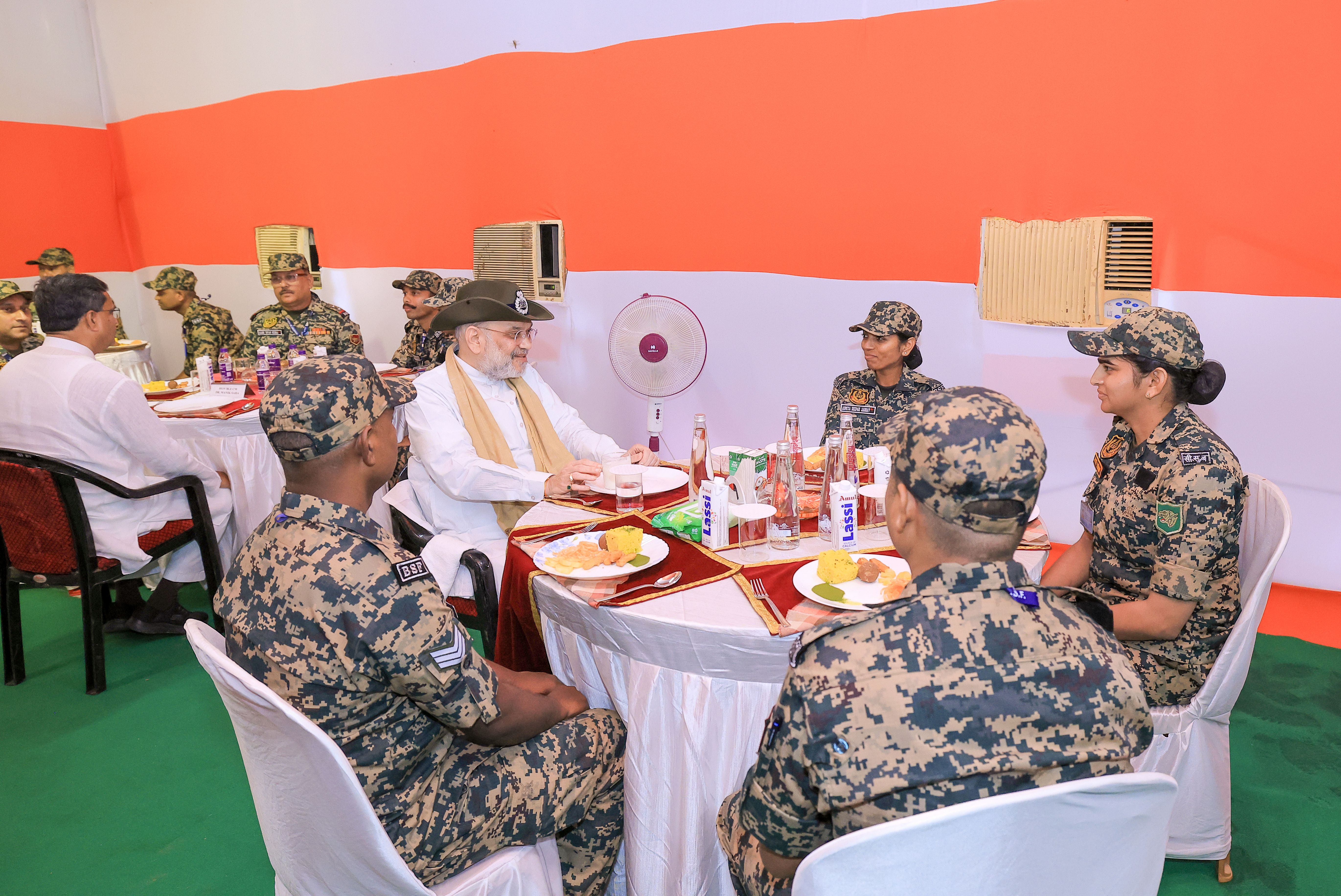 Union Home Minister And Minister Of Cooperation Shri Amit Shah interacted with the valiant BSF jawans during High Tea at Lankamura Border Outpost in Tripura