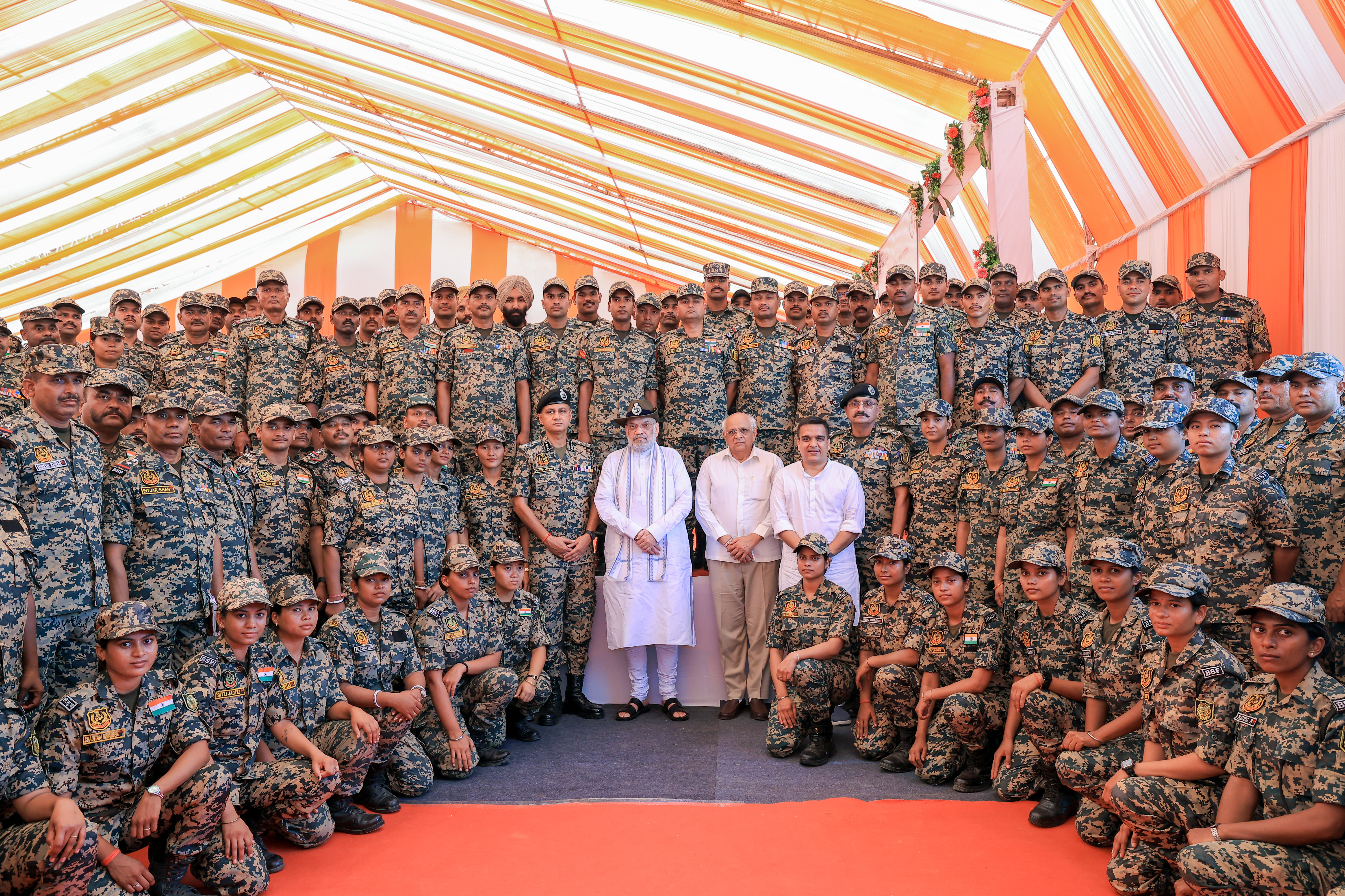 Union Home Minister and Minister of Cooperation Shri Amit Shah interacts with personnel at G-7 Border Out Post, situated along India-Pakistan border in Bhuj, Gujarat, and inaugurates the G-7 and G-13 Border Out Posts