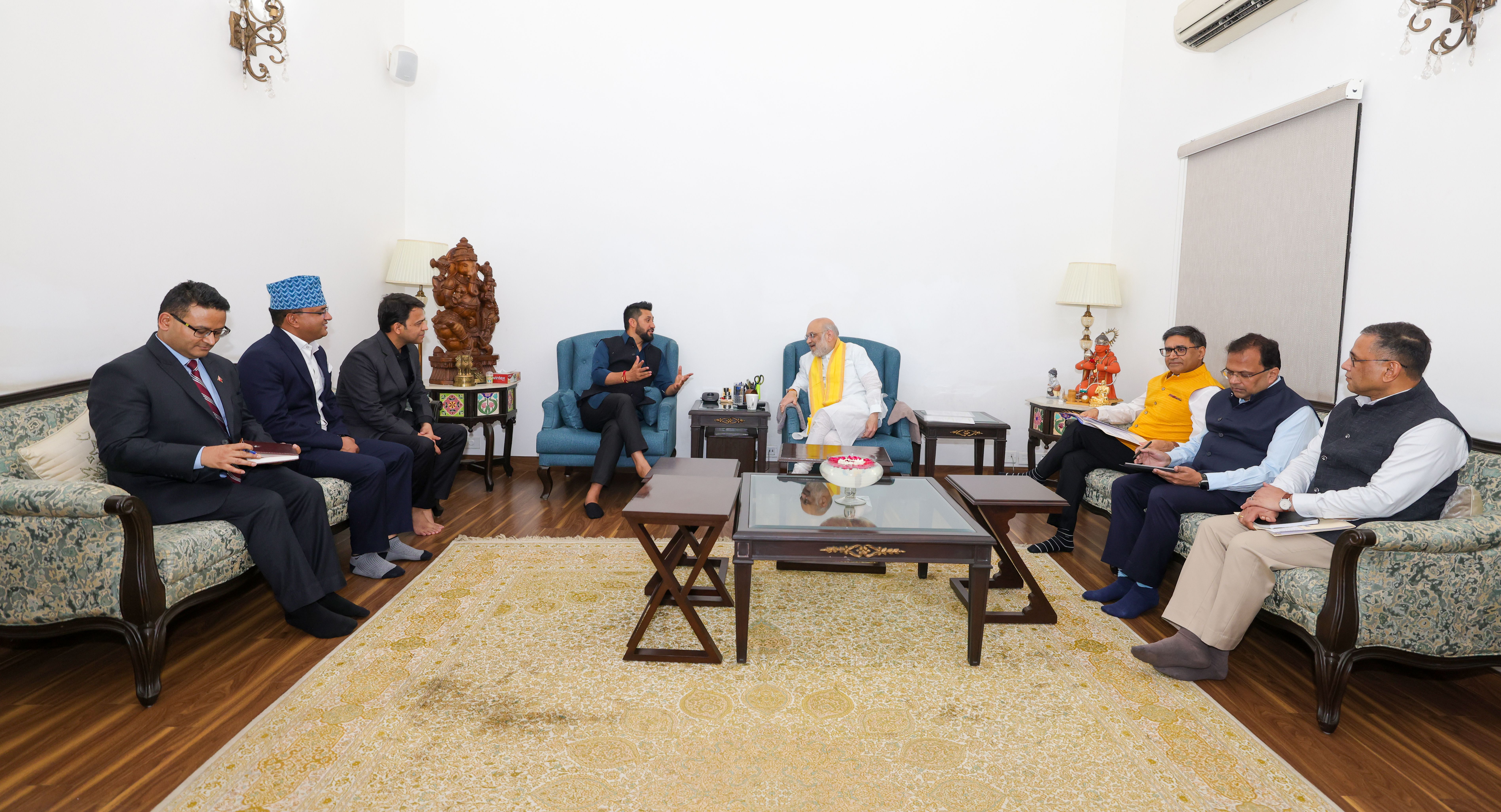 Union Home Minister and Minister of Cooperation Shri Amit Shah holds a meeting with the Nepalese delegation led by Shri Rabi Lamichhane, Chairman, Rastriya Swatantra Party (RSP), in New Delhi today.