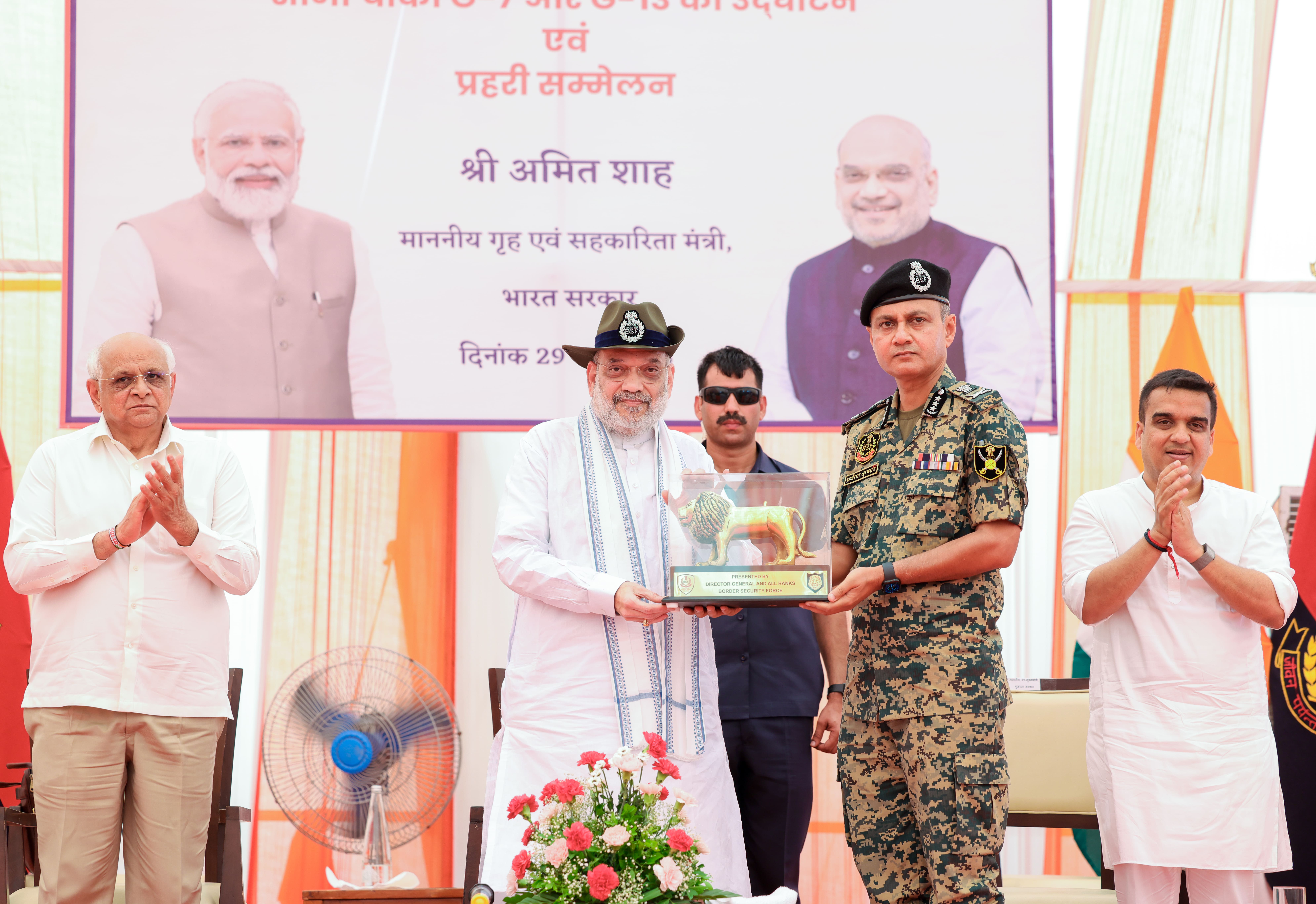 Union Home Minister and Minister of Cooperation Shri Amit Shah interacts with personnel at G-7 Border Out Post, situated along India-Pakistan border in Bhuj, Gujarat, and inaugurates the G-7 and G-13 Border Out Posts