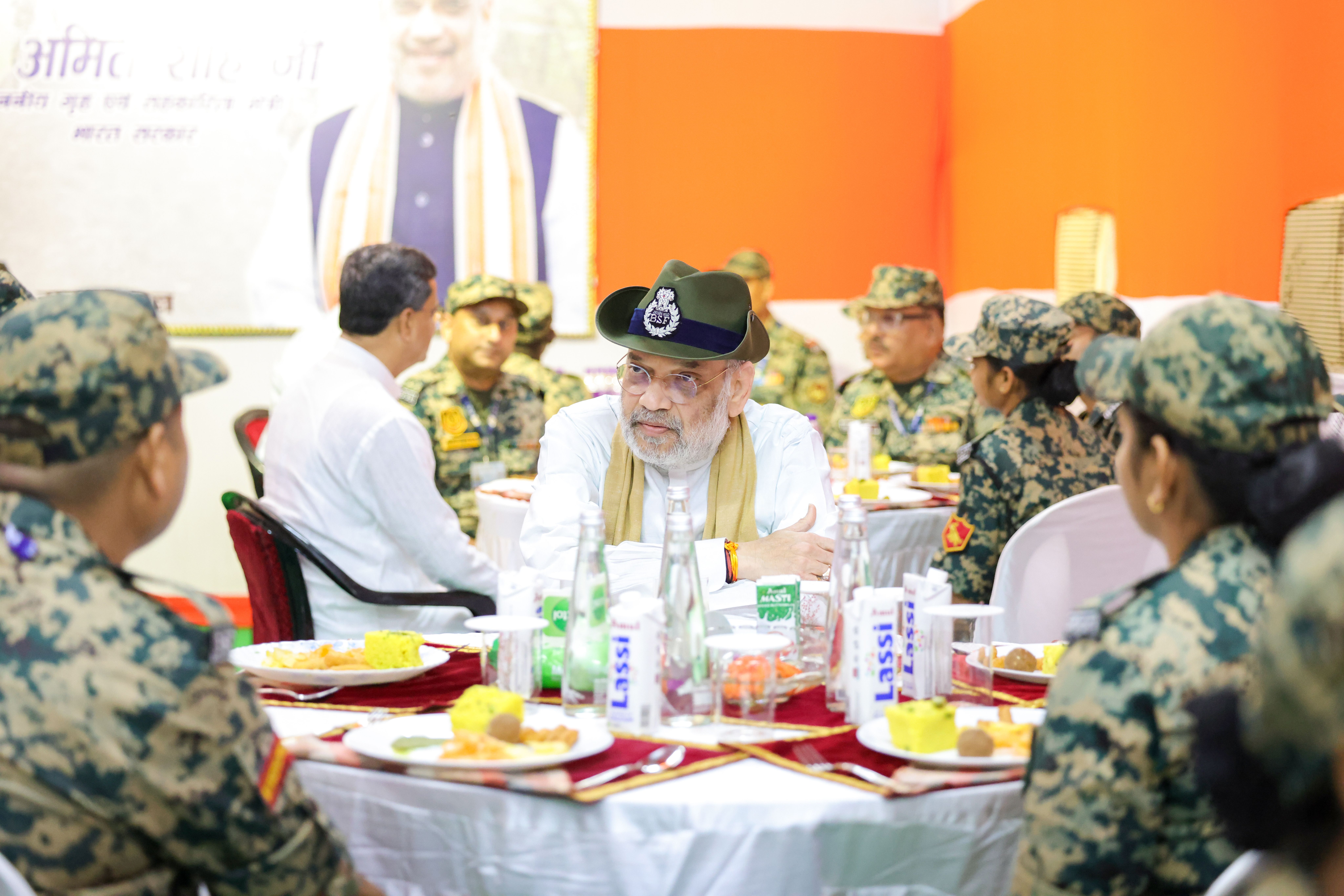 Union Home Minister And Minister Of Cooperation Shri Amit Shah interacted with the valiant BSF jawans during High Tea at Lankamura Border Outpost in Tripura